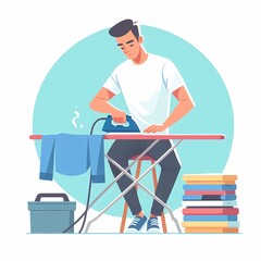 Fototapeta premium Minimalistic flat style illustration of a man ironing clothes, set against a clean white background. Perfect for household, chores, and daily life-themed designs.