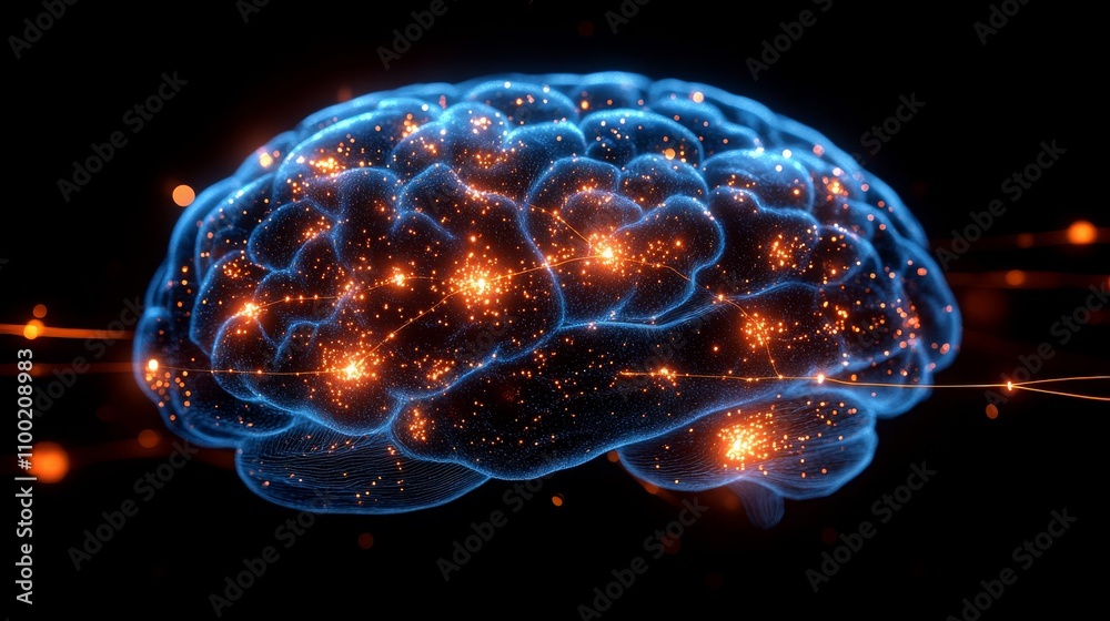 Poster an illustrated view of the brain with highlighted areas emphasizing neural connections and activity