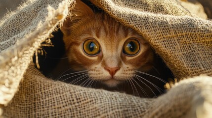 Curious Cat Peeking from a Jute Bag in Soft Morning Light