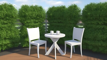 Obraz premium White Chairs Table Coffee Cups Green Bush Setting