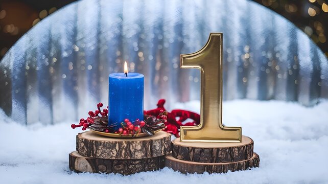 Advent's first Sunday In front of a silver panorama bokeh background, a blue candle with a golden metal number red ornament is placed on wooden planks in the snow.