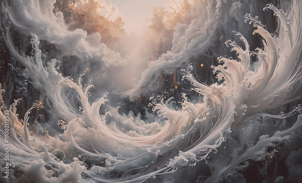 Poster large white wave with a lot of white spray coming out of it. the spray is coming out of the wave in 