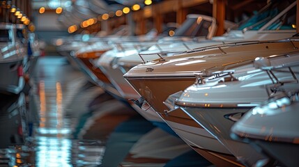Gleaming Motorboats Moored in a Boat Storage Facility