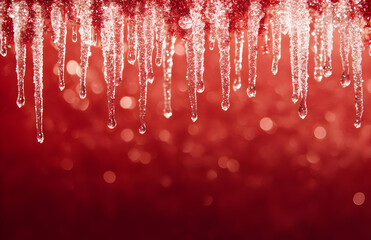Icicles dripping against a red bokeh background.