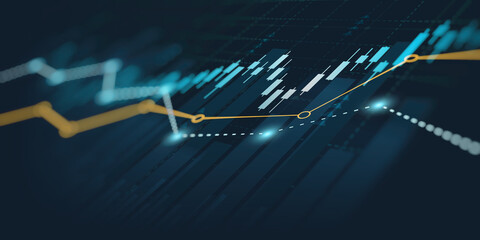 business financial graph with uptrend line and bar chart of stock market on blue color background