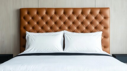 Obraz premium Elegant bed with luxurious bedding, tufted headboard, warm and inviting bedroom setting