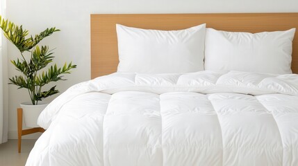 Fluffy duvet on a modern bed, warm and cozy, early morning light creating a calm vibe