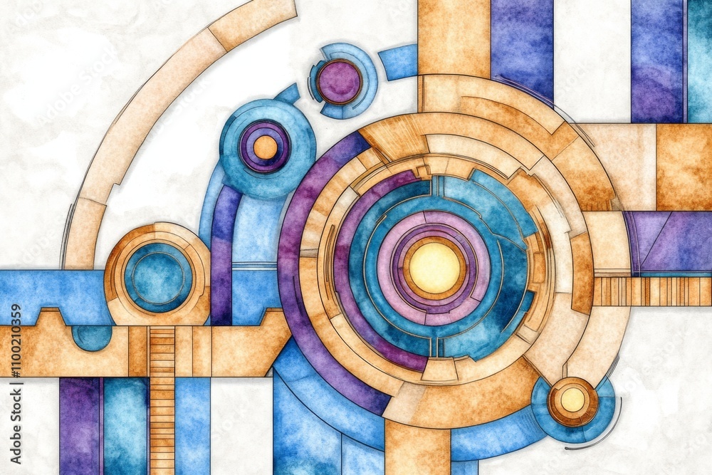 Poster a watercolor painting of a futuristic automated city, blending soft pastel tones and glowing robotic