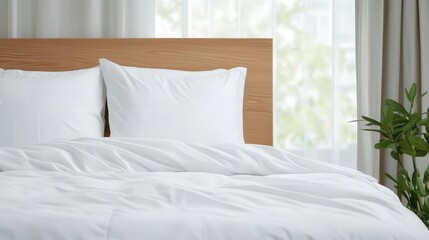 Obraz premium Freshly made bed with soft white linens, modern design, large windows letting in soft light