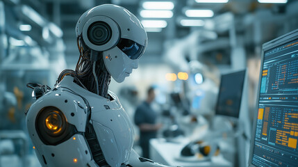 Fototapeta premium Humanoid robot working with engineers in a tech lab