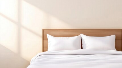 Obraz premium Modern bed with a sleek headboard, neatly made with crisp linens, sunlight casting gentle shadows