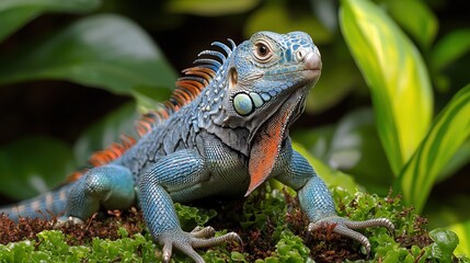 Vibrant iguana on lush greenery: natural habitat beauty