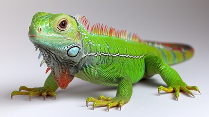Fototapeta premium Vivid green iguana on neutral background: exotic reptile close-up