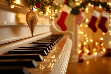 Close-up of a piano keyboard at Christmas