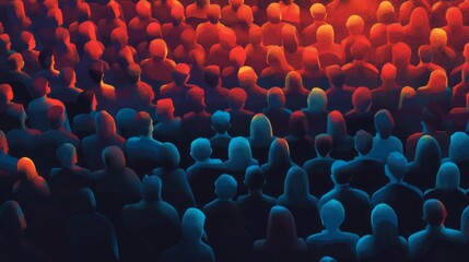 A crowd of people are shown in a red and blue color scheme. The crowd is shown in a crowded area, with people standing close together. Concept of unity and togetherness