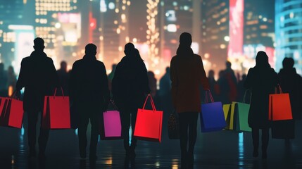 Fototapeta premium Silhouettes of shoppers carrying colorful bags against a vibrant city backdrop at night, creating a lively urban atmosphere