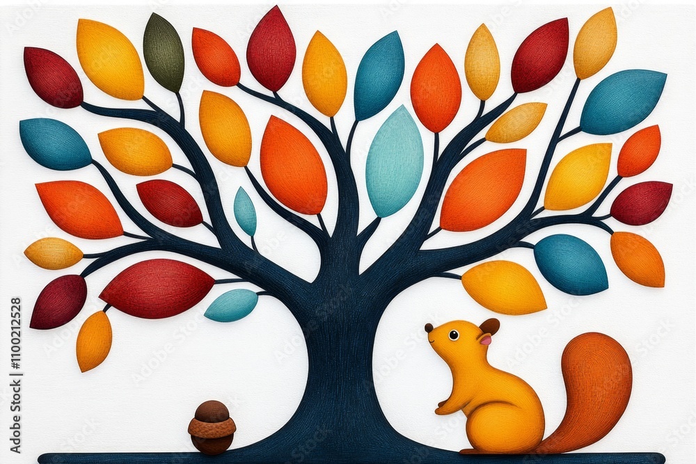 Poster a whimsical 2d drawing of a tree shedding colorful leaves, with a small squirrel collecting acorns, 