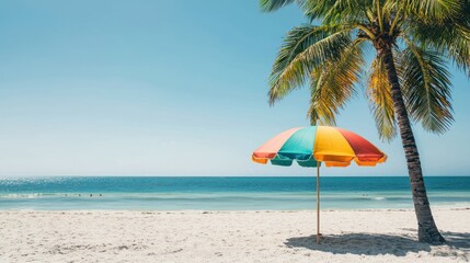 Fototapeta premium A vibrant beach scene featuring a colorful umbrella and palm tree against a clear blue sky and calm ocean, evoking tranquility and relaxation.