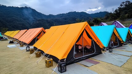 A colorful array of tents set against a mountain backdrop, showcasing a vibrant camping site in nature, perfect for outdoor enthusiasts.