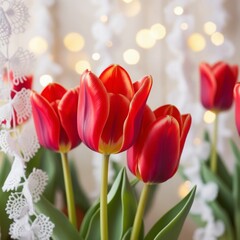 Fototapeta premium red tulips with white ribbons and garland square photo