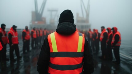 Dock workers in safety vests gathering in fog at port area. Maritime safety briefing and crew coordination