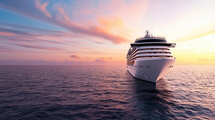 Naklejka premium A majestic cruise ship sails toward a vibrant sunset over calm waters, creating a picturesque seascape.