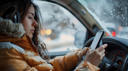 Winter Drive Photo: Woman in Car Using Phone