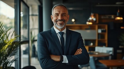 Fototapeta premium Confident Businessman in Modern Office Environment Smiling at Camera