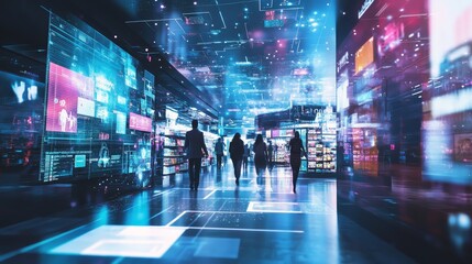 Futuristic Urban Scene with Silhouetted Figures Amidst Digital Displays and Vibrant Lights