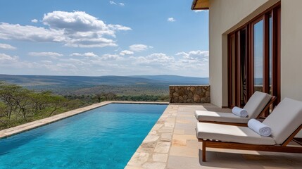 Fototapeta premium A serene poolside scene featuring sun loungers, a crystal-clear pool, and expansive views of the lush landscape under a bright blue sky.