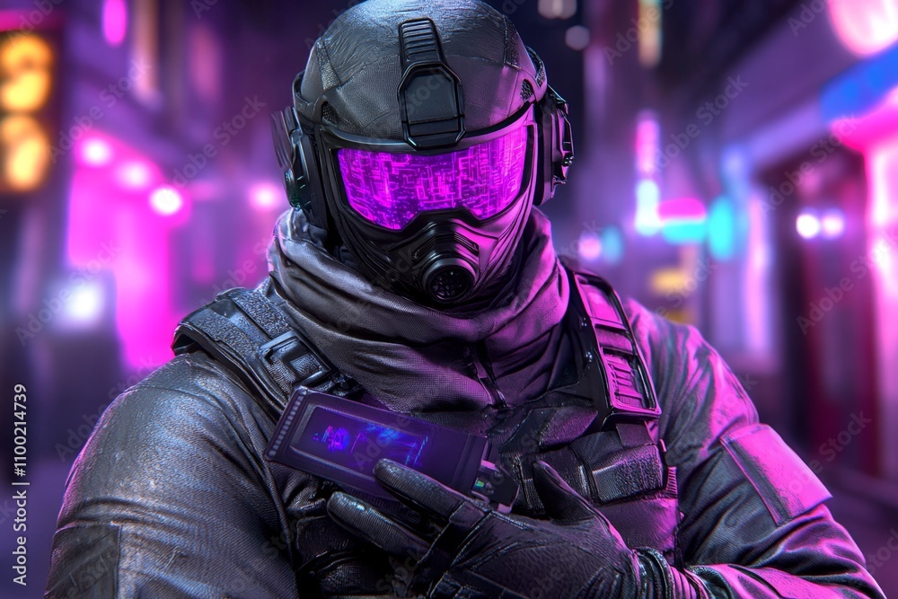 Poster a winner holding a futuristic cyberpunk award in a neon-lit environment with digital graphs and dark