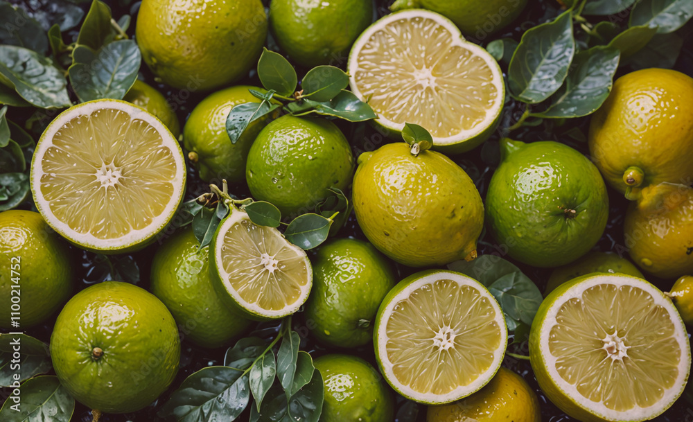 Poster bunch of green limes with some of them cut open. the limes are on top of some leaves