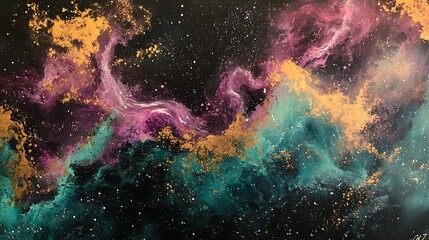 Fototapeta premium An intricately detailed galaxy illustration in realistic style, featuring luminous nebulae in bold shades of fuchsia, emerald, and amber.