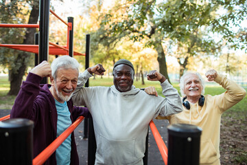 Senior men flexing muscles after outdoor workout at park fitness station