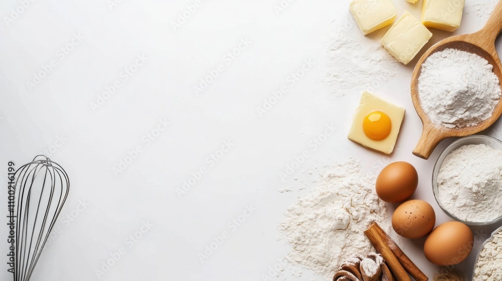 Poster Essential baking ingredients like flour, eggs, and butter are neatly arranged on a white surface with space for additional text or notes. Generative AI
