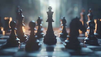Black king chess piece standing on chessboard leading other pieces during strategy game