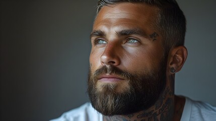 Obraz premium Bearded Man with Blue Eyes in Thoughtful Pose