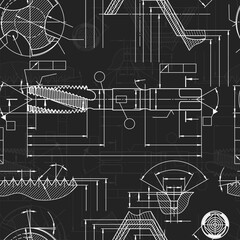 Mechanical engineering drawings on black background. Tap tools, borer. Technical Design. Cover. Blueprint. Seamless pattern. Vector illustration.