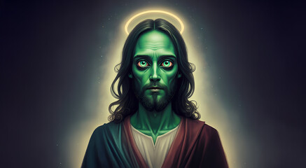 Green Skin Alien Martian, Jesus Christ with Halo, Religion Religious Image, Extraterrestrial Life Form
