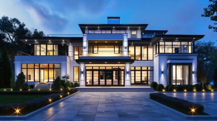 Obraz premium An elegant white luxury mansion with a spacious empty driveway.