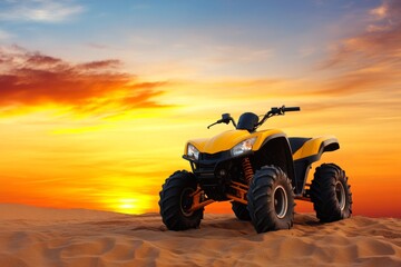 An ATV trek through sand dunes at sunset, with the vehicle silhouette highlighted against the warm orange sky