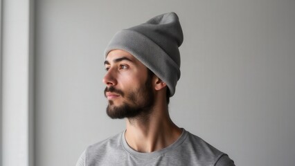Obraz premium Neutral gray background highlights a man wearing beanie mockup, ideal for showcasing modern branding or unique designs.