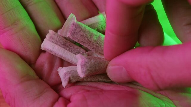 Snus nicotine tobacco close up, pack of tobacco for gum. unhealthy addiction. Man opening box with snus and taking one. 