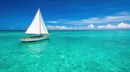 Fototapeta premium Crystalclear turquoise waters with a lone sailboat, bright sunny day, tropical paradise