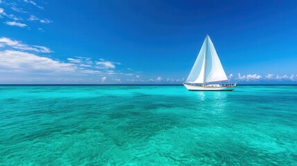 Fototapeta premium Crystalclear turquoise waters with a lone sailboat, bright sunny day, tropical paradise