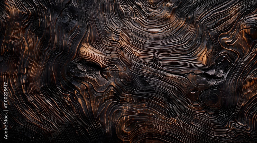Poster textured blackened wood surface with intricate lines and patterns created by heat exposure, ideal fo