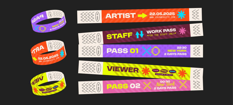 5 Retro Colorful Event Wristbands. Y2K modern nostalgia bands. Collection of playful retro-style event wristbands for music festivals, parties. Event bracelets with bold typography.