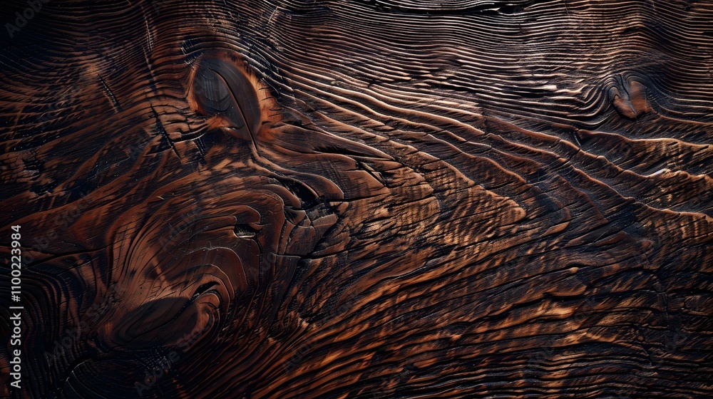 Poster Close-Up of Textured Dark Wood Surface with Unique Grain Patterns and Rustic Appeal, Ideal for Backgrounds and Design Inspirations