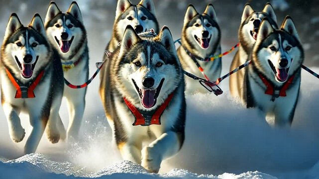 Sled dogs racing in a winter competition, with snow flying and a determined musher guiding them through the snow-covered wilderness. . 4K Video
