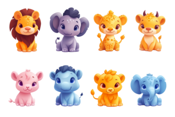 little cartoon vector animals characters like Lion, Elephant, Giraffe, Zebra, Cheetah, Hyena, Wildebeest, Hippopotamus. Baby animals icons set cut out